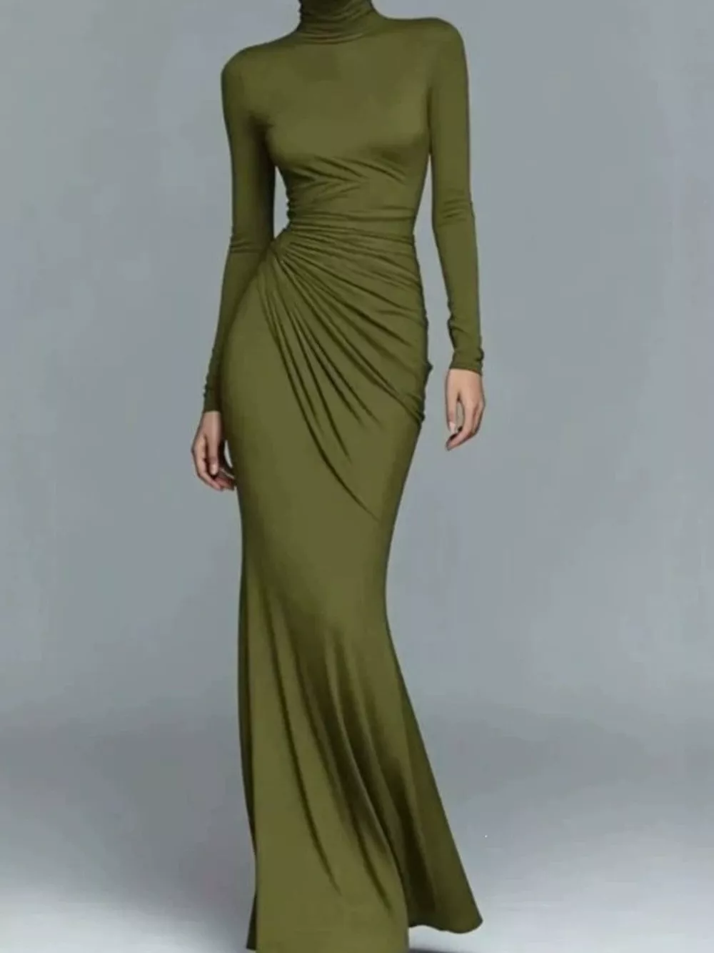 Turtleneck Long-Sleeve Ruched Maxi Dress, image 8