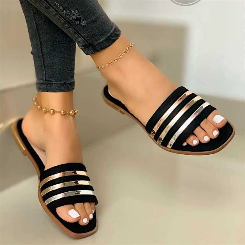 Open Toe Striped Flat Sandals, image 8
