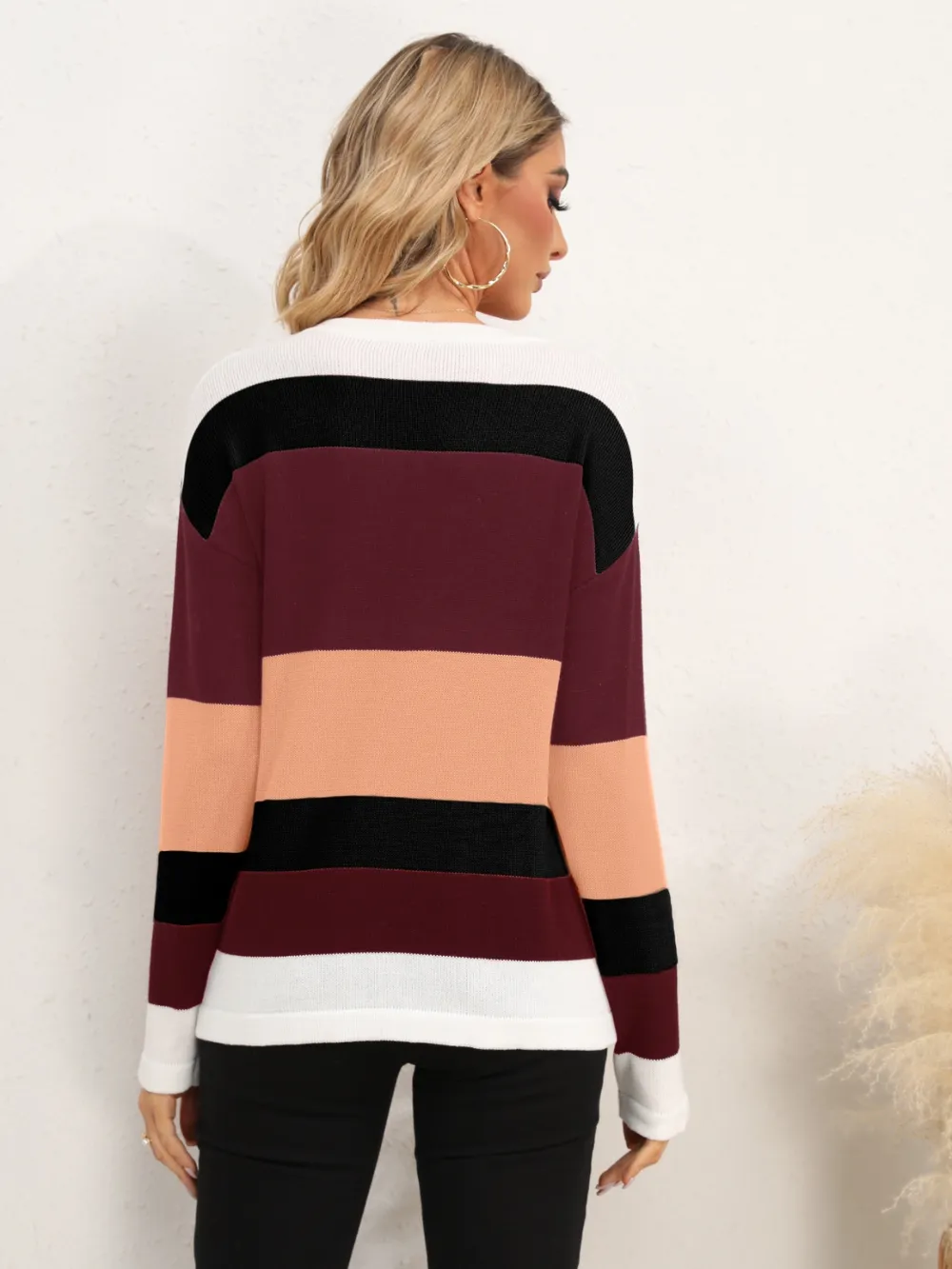 Striped Round Neck Dropped Shoulder Sweater, image 21