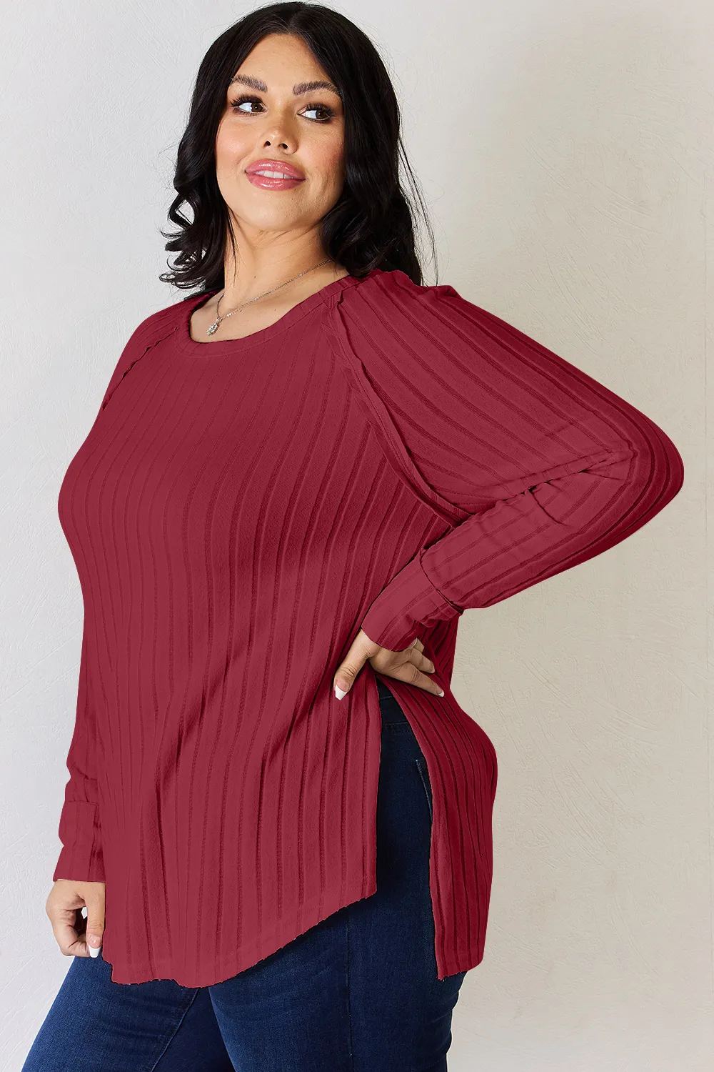 Full Size Ribbed Round Neck Slit T-Shirt, image 23