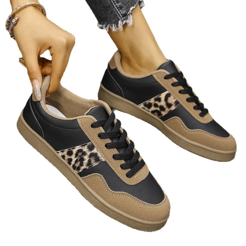 Leopard Lace Up Round Toe Sneakers, image 3