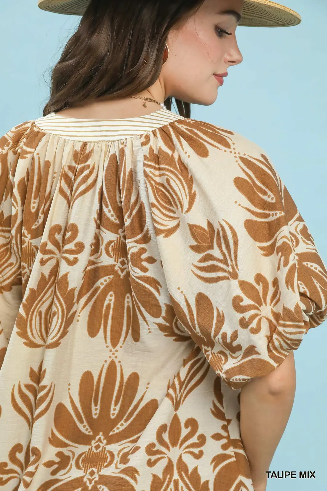 Mix Printed Puff Sleeve Top with Contrast Trim, image 5