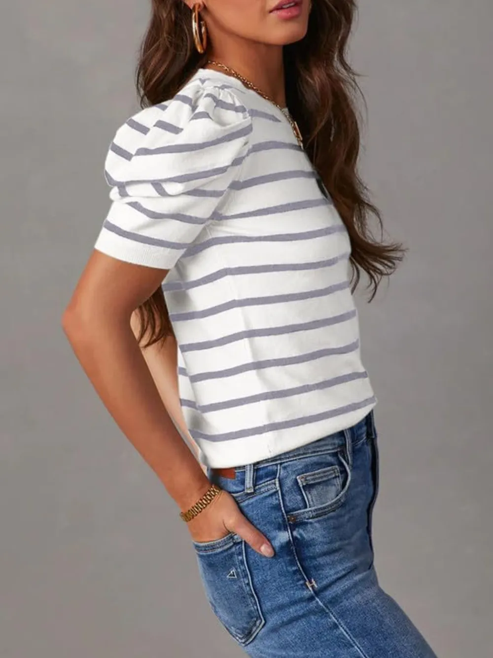 Striped Round Neck Puff Sleeve Knit Top, image 13