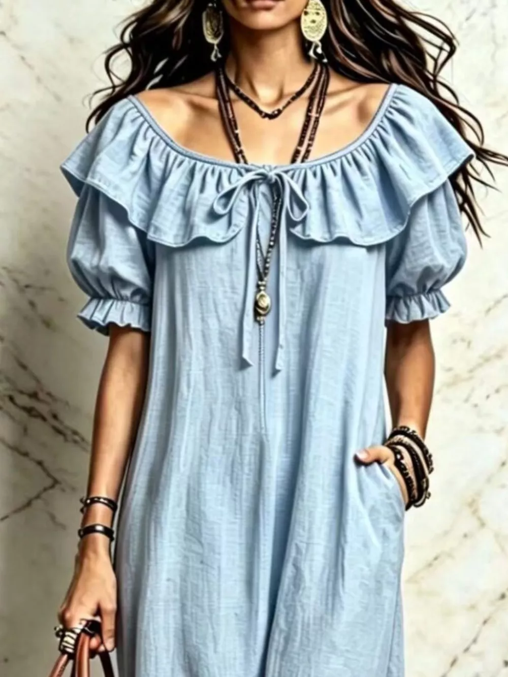 Ruffle Trim Puff Sleeve Maxi Dress, image 3