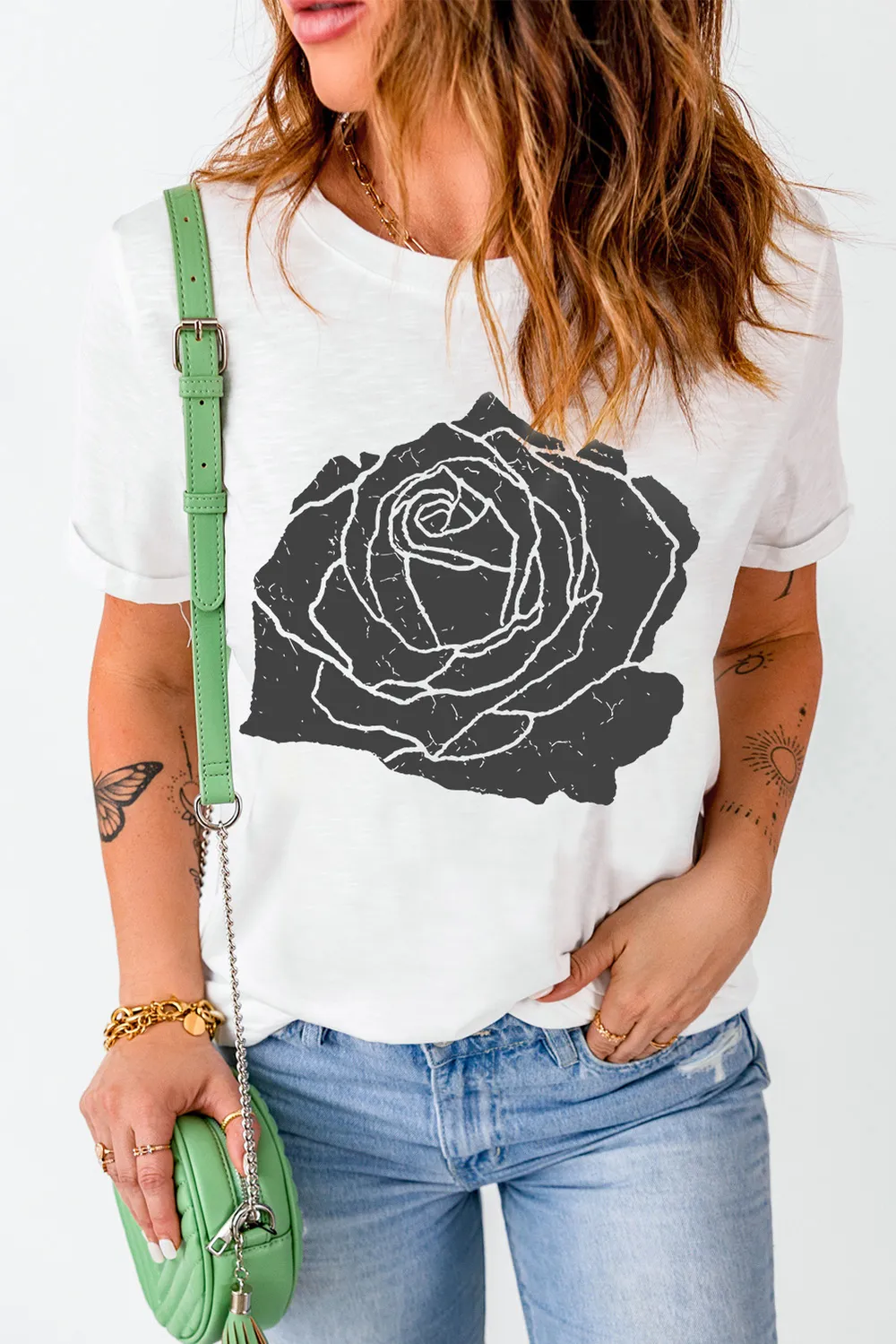 Rose Graphic Round Neck Short Sleeve T-Shirt, image 3