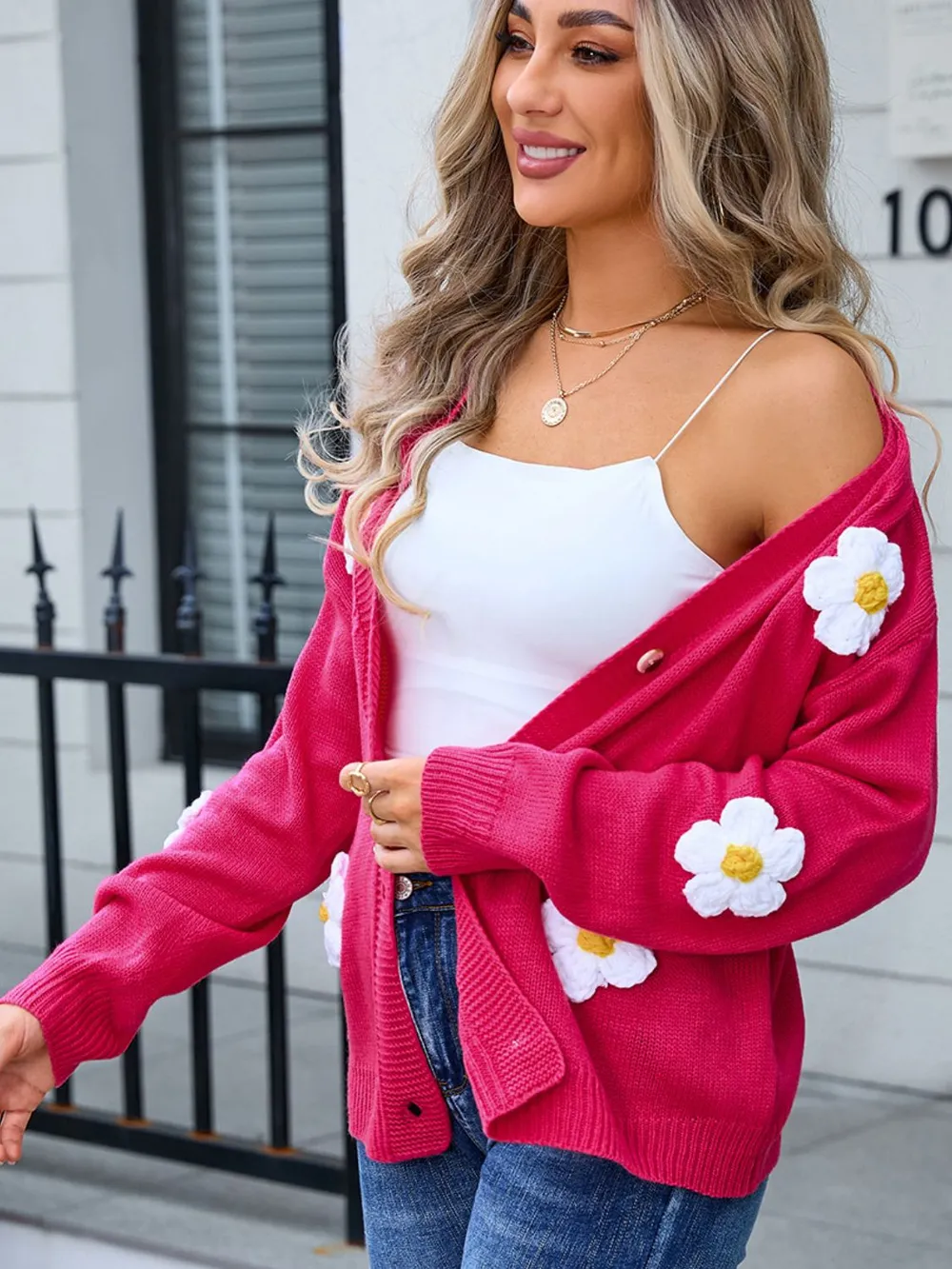 Crochet Flower Button Up Cardigan, image 11