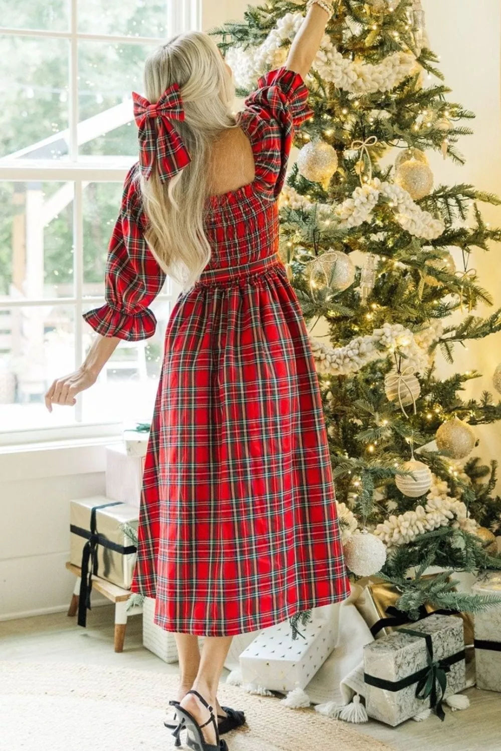 Plaid Smocked Flounce Sleeve Midi Dress, image 3