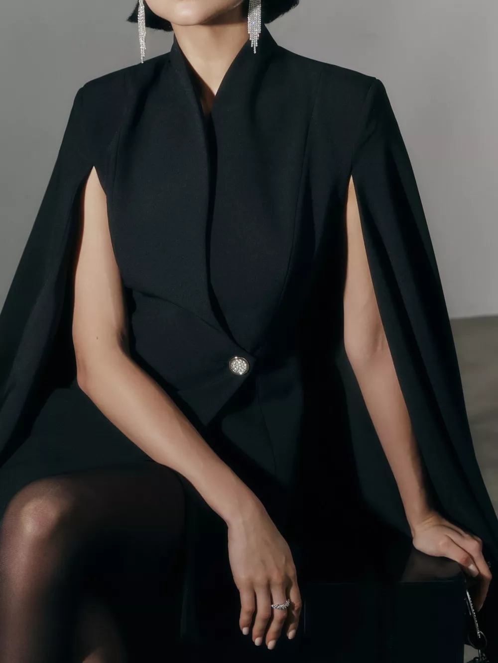 One Button Fitted Mini Blazer Dress with Cape Sleeves, image 5