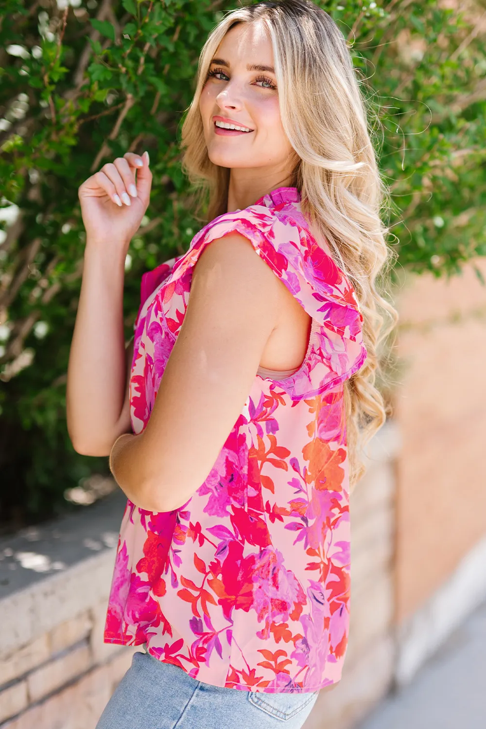 Frill Floral Mock Neck Cap Sleeve Blouse, image 3