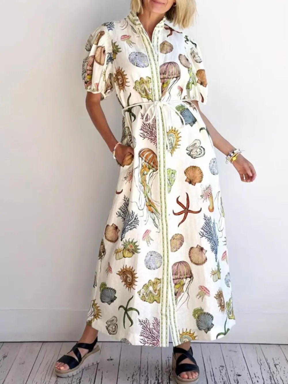 Printed Short Sleeve Shirt Dress, image 2