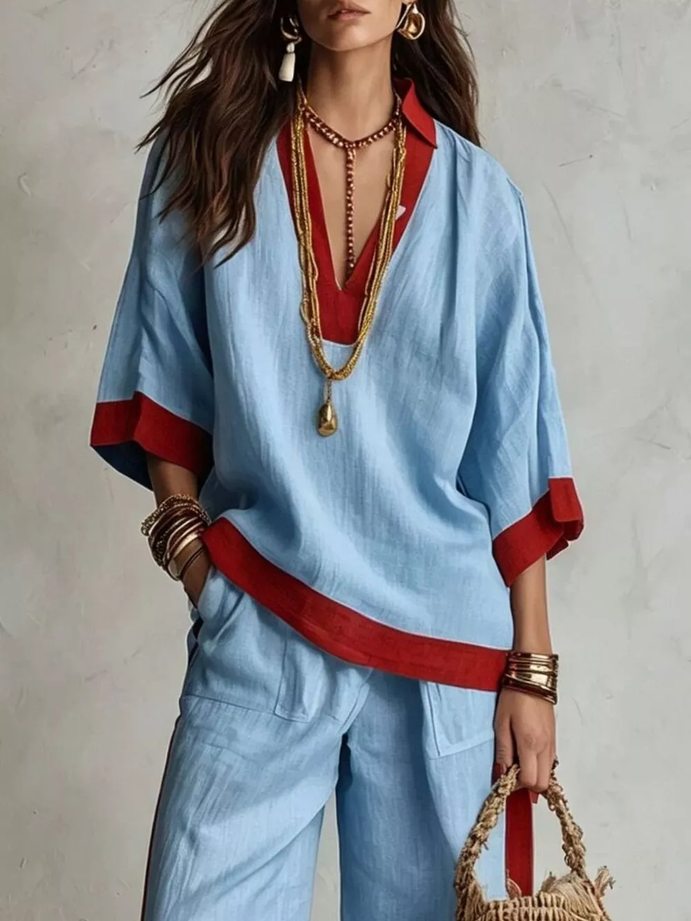 Full Size Contrast Trim Top and Wide Leg Pants Set Plus Size, image 5