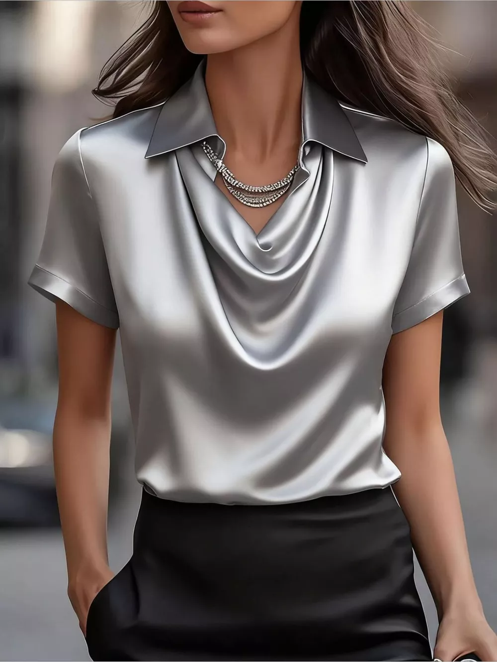 Full Size Cowl Neck Short Sleeve Satin Blouse Plus Size, image 6