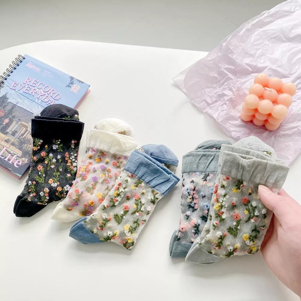 Floral Sheer Crew Socks 5 Pair Set, image 4