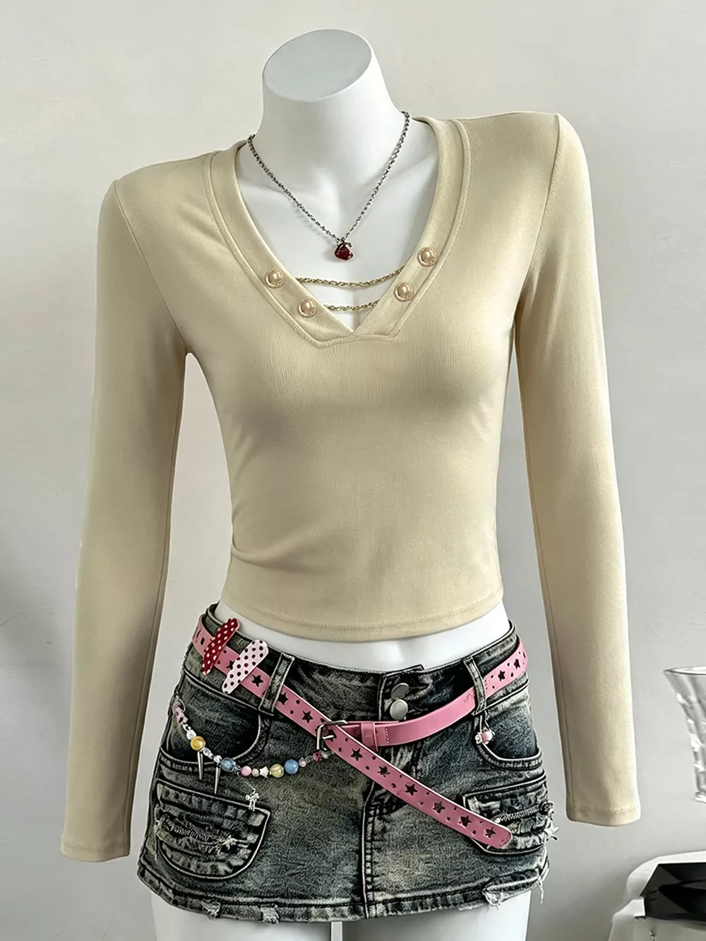 Decorative Pearl Buttons V-Neck Long Sleeve T-Shirt, image 5