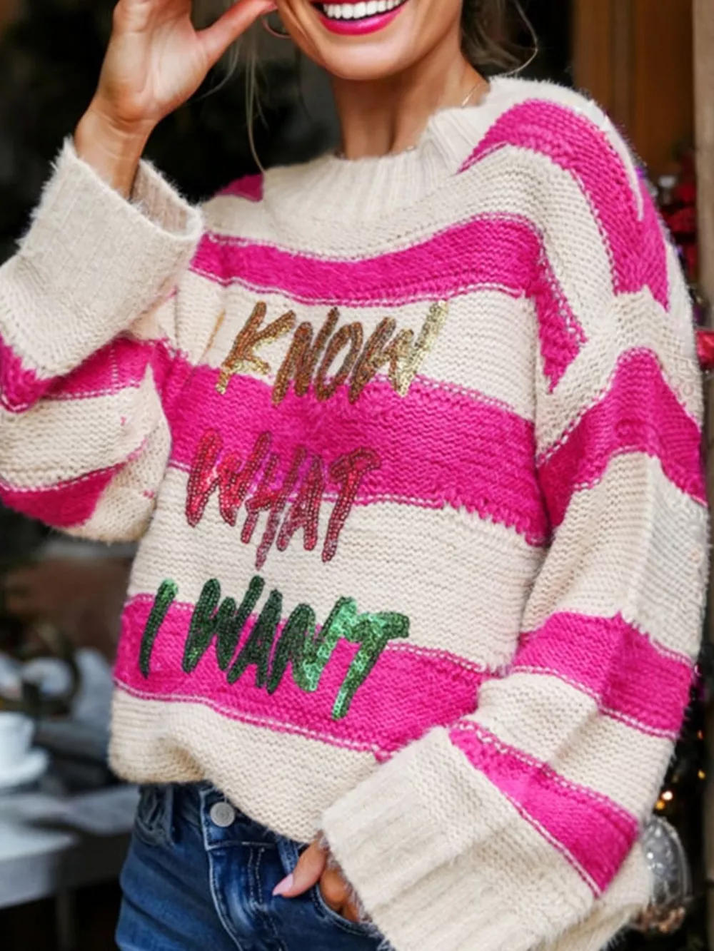 Sequin Letter Graphic Colorblock Loose Sweater, image 4