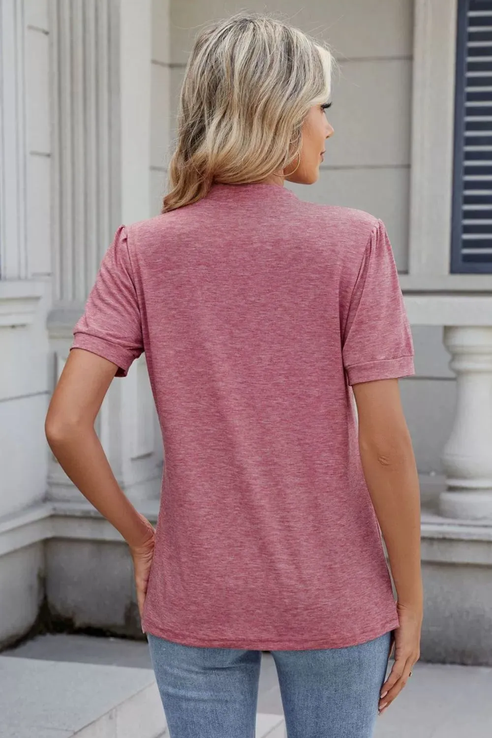 Notched Short Sleeve Solid Color Top, image 6