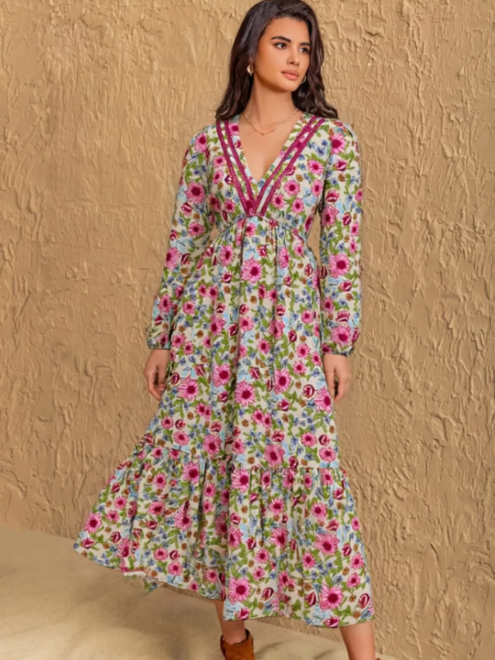 Floral Print V-Neck Bohemian Midi Dress, image 6