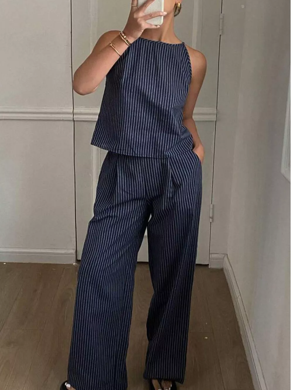 Striped Sleeveless Top and Wide-Leg Pants Set, image 5