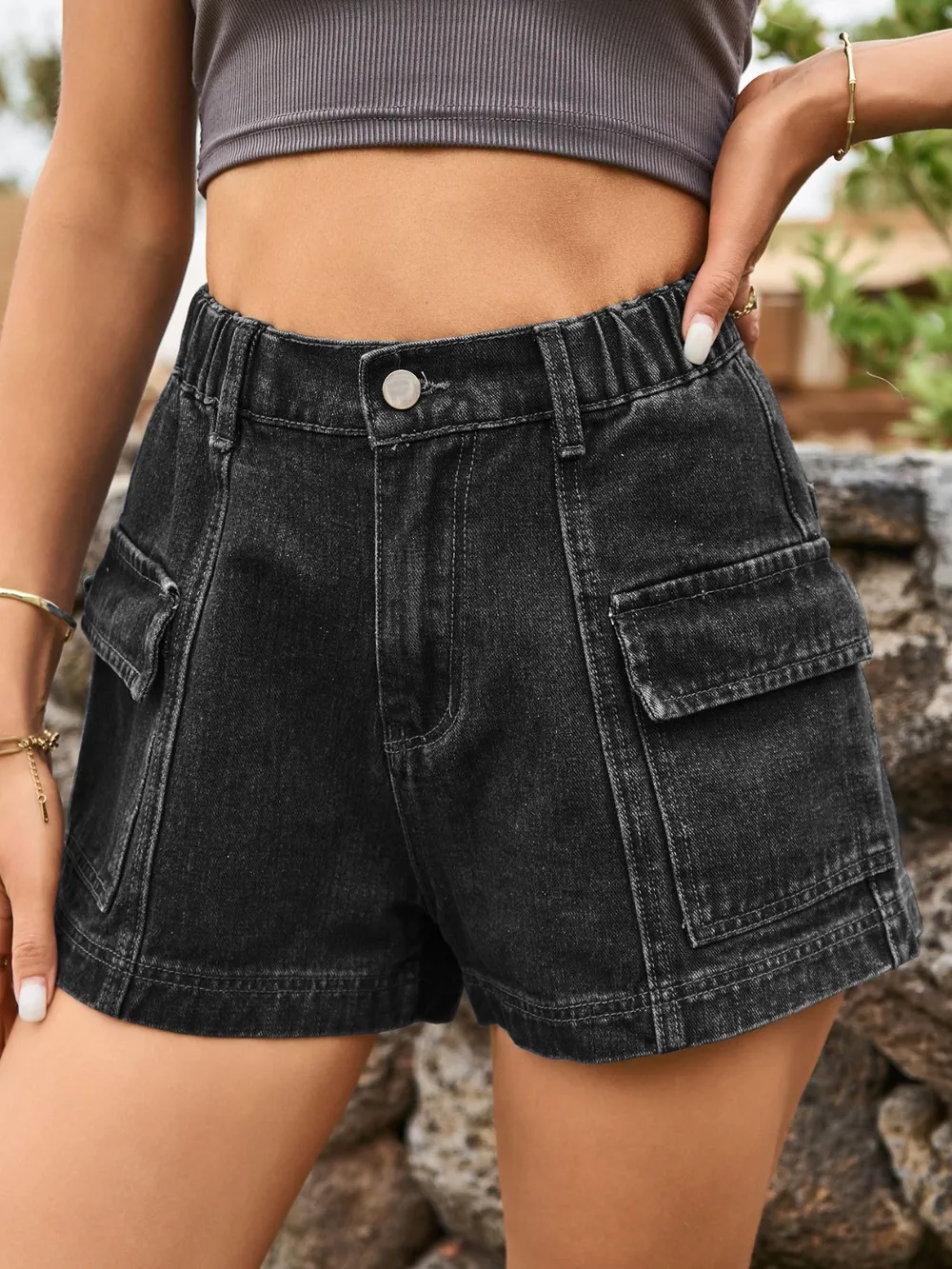 High Waist Denim Shorts with Pockets, image 17