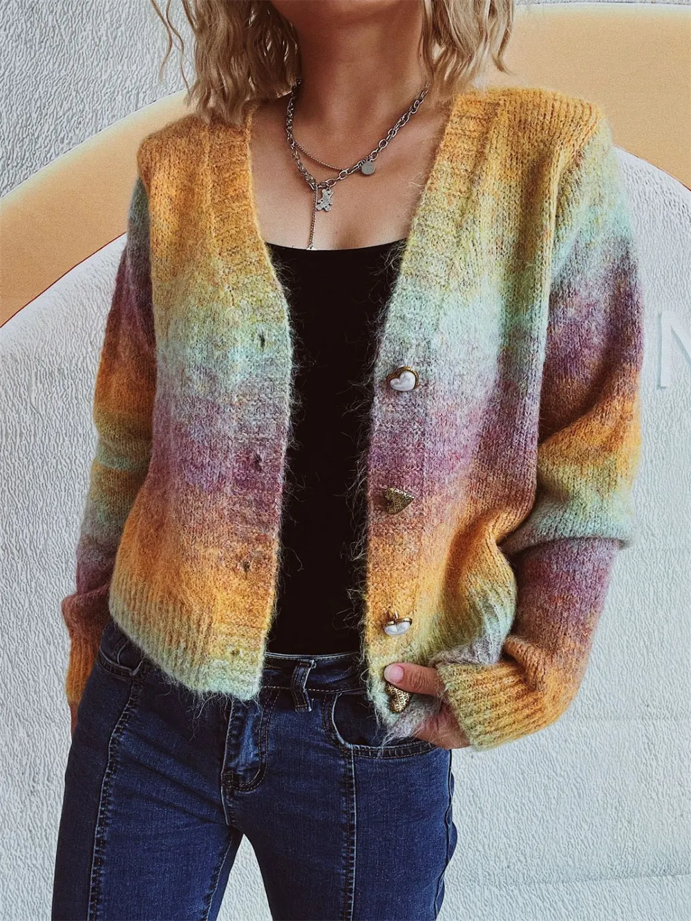 Gradient Heart Shape Button V-Neck Cardigan, image 11