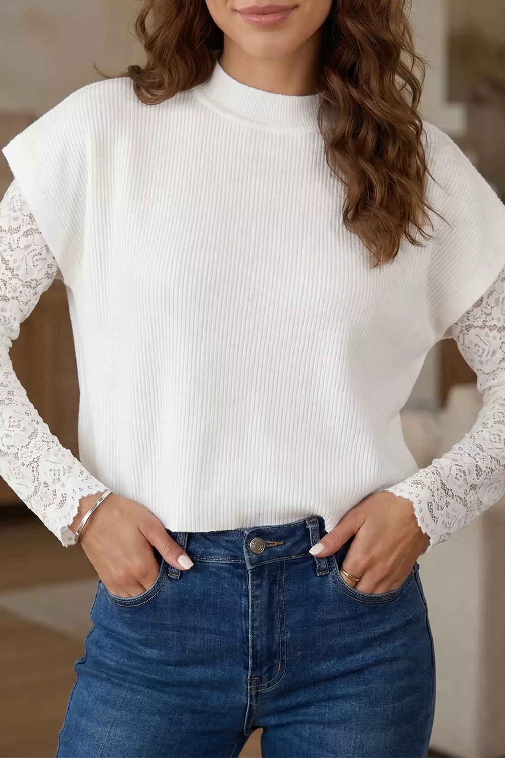Solid Color Ribbed Knit Mock Neck Loose Short Sleeve Sweater, image 4