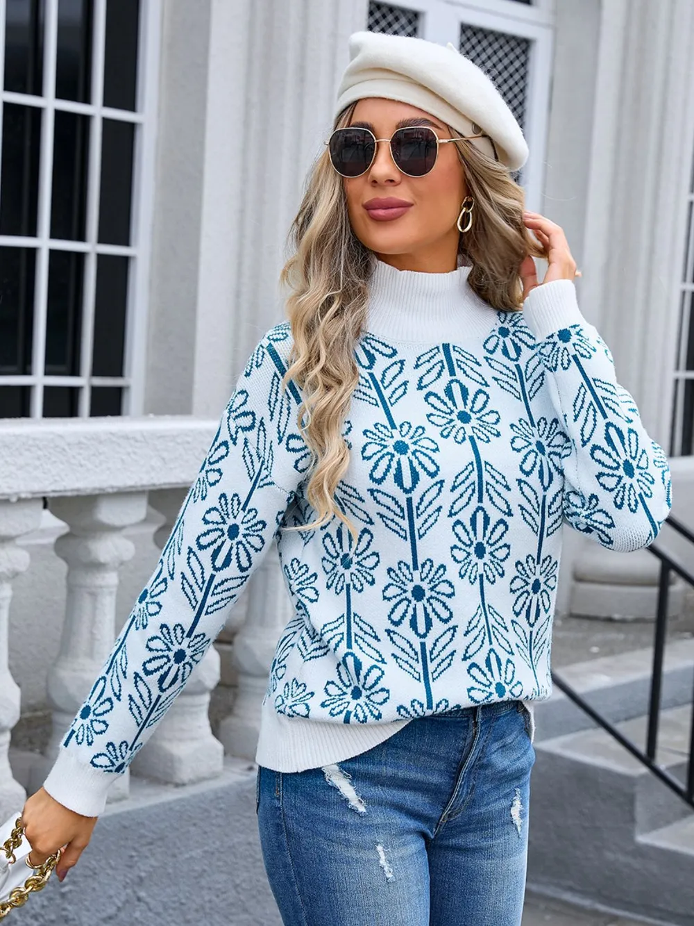 Flower Turtleneck Long Sleeve Sweater, image 6