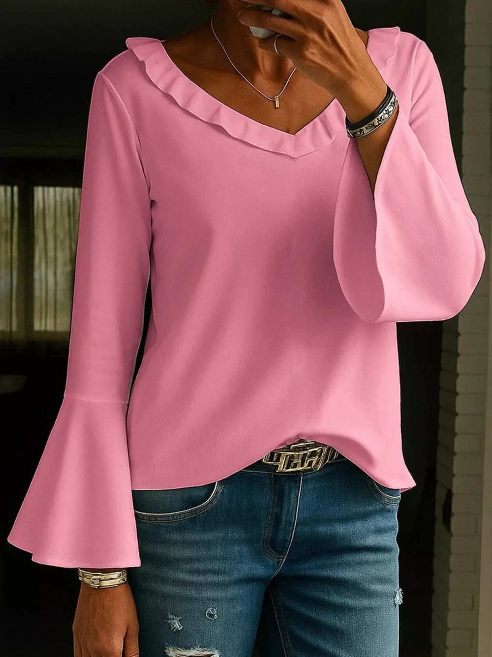 Full Size Ruffled V-Neck Long Sleeve Blouse Plus Size, image 8