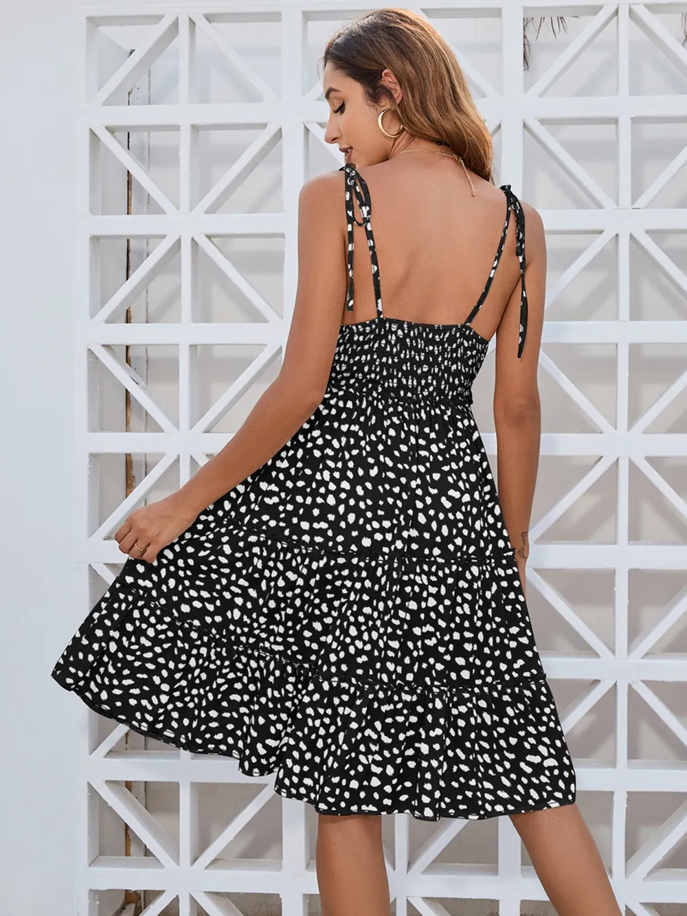Printed Square Neck Tie Shoulder Dress, image 9