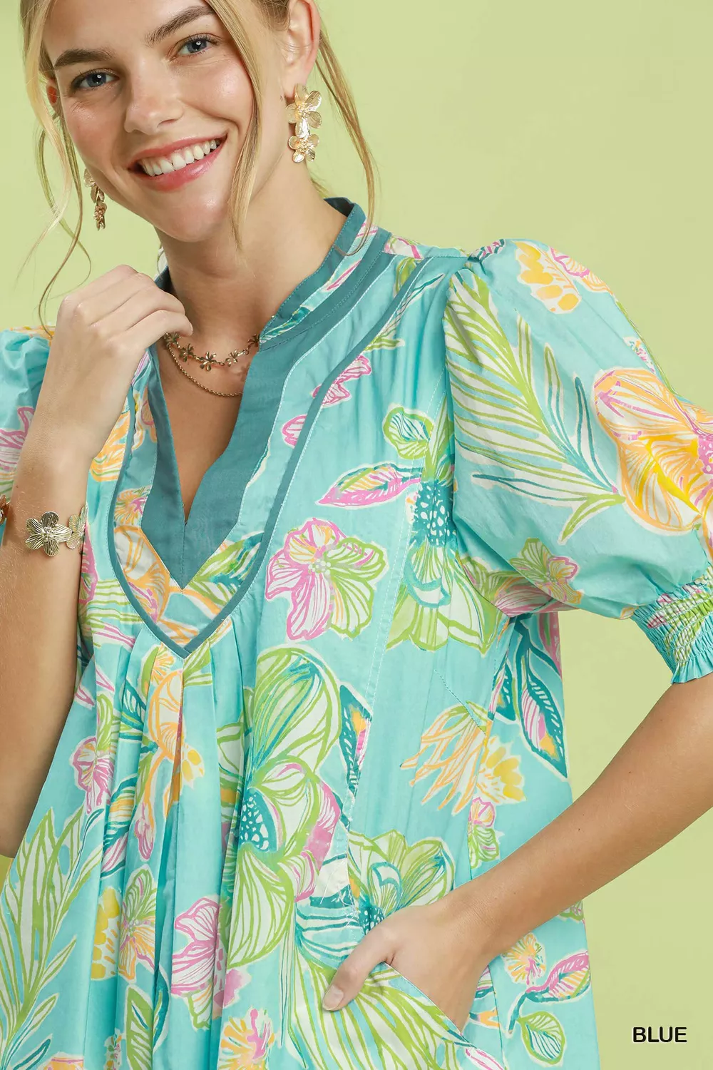 Botanical Print Dress with Smocked Cuffs, image 4