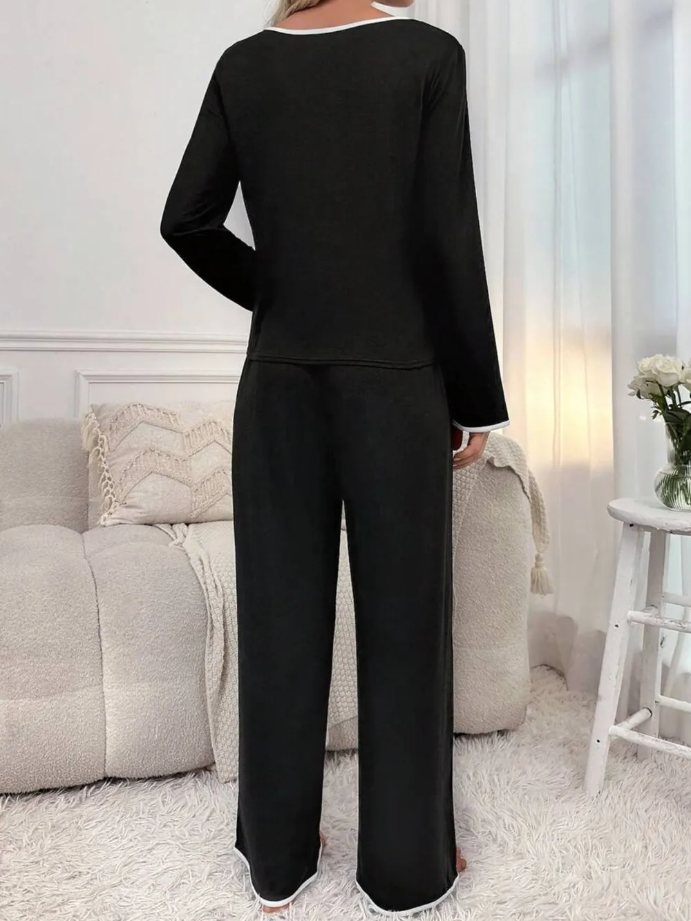 Contrast Trim Notched Long Sleeve Top and Pants Lounge Set, image 3