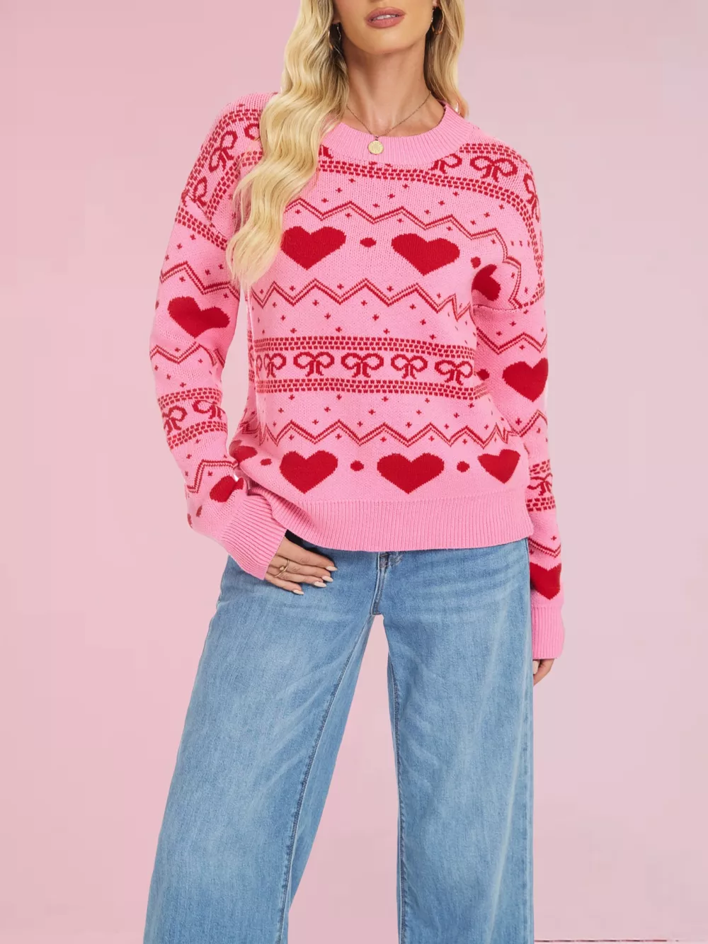 Heart & Bow Pattern Round Neck Sweater, image 5