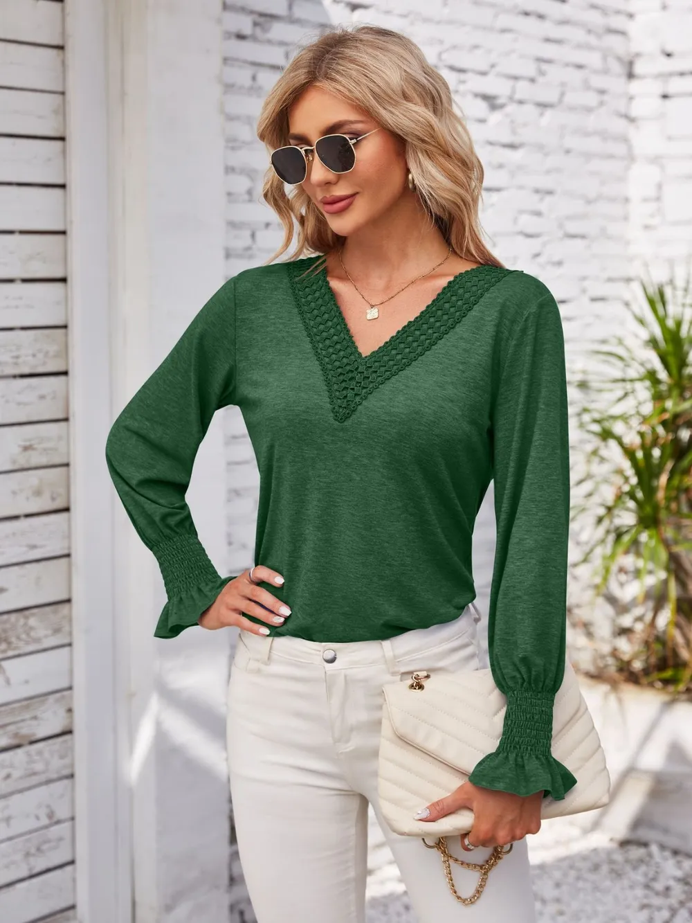 Smocked V-Neck Long Sleeve Blouse, image 20