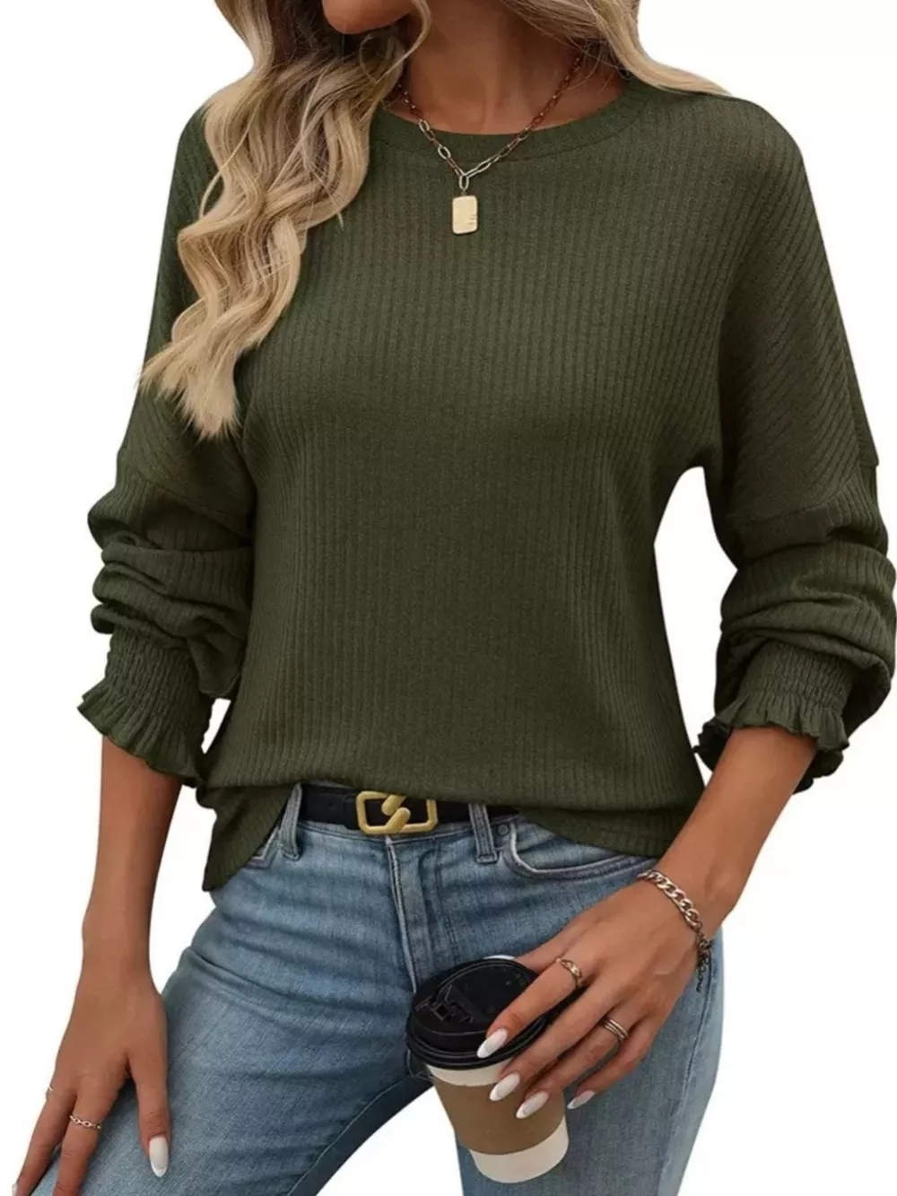 Ribbed Knit Long Sleeve T-Shirt, image 7