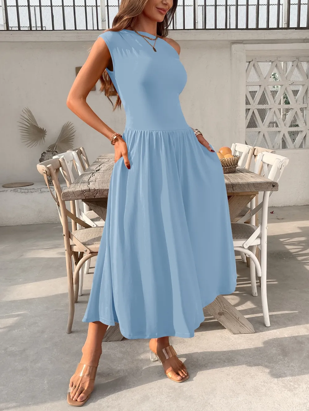 Single Shoulder Midi Dress with Pockets, image 13