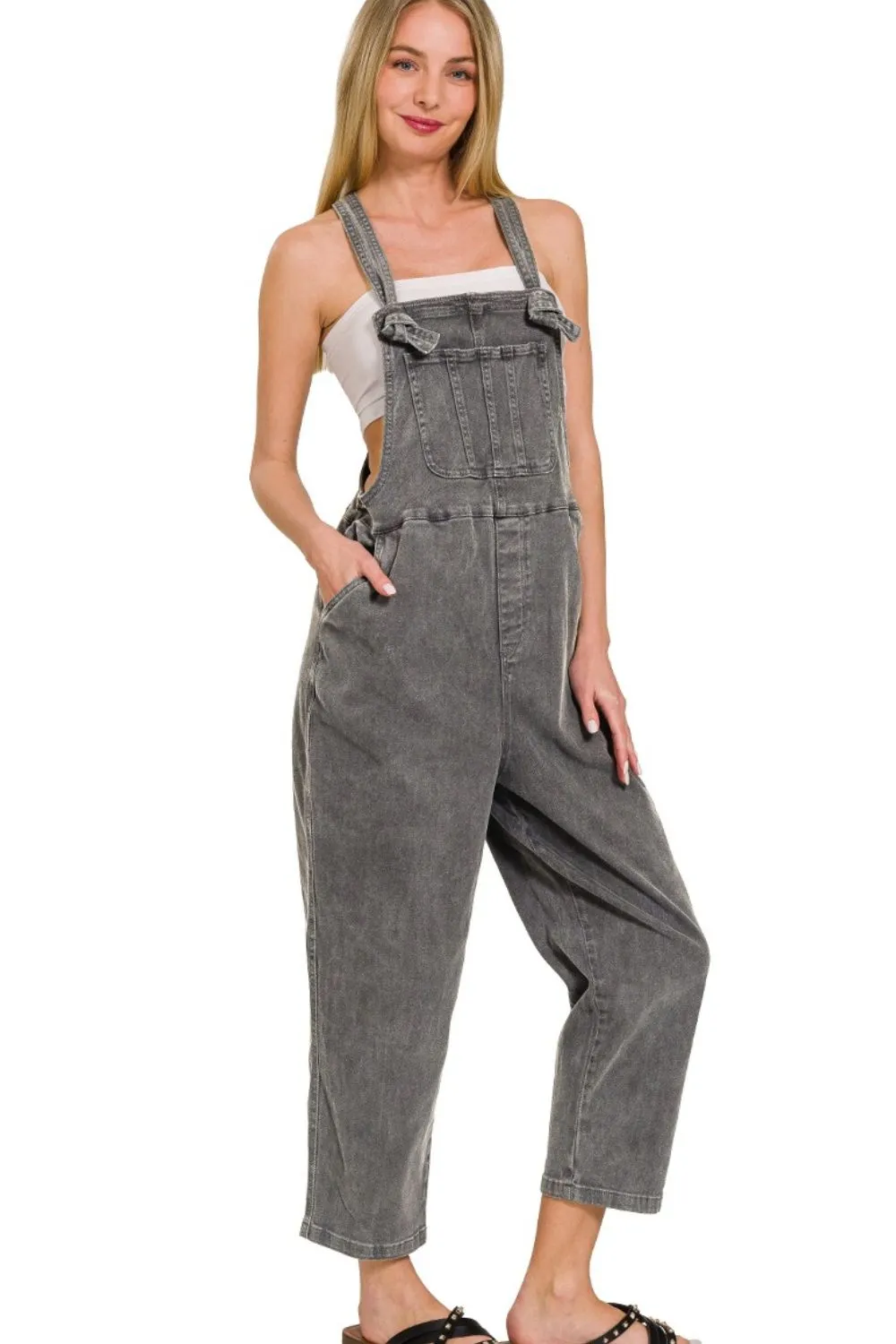 Washed Knot Strap Relaxed Fit Overalls