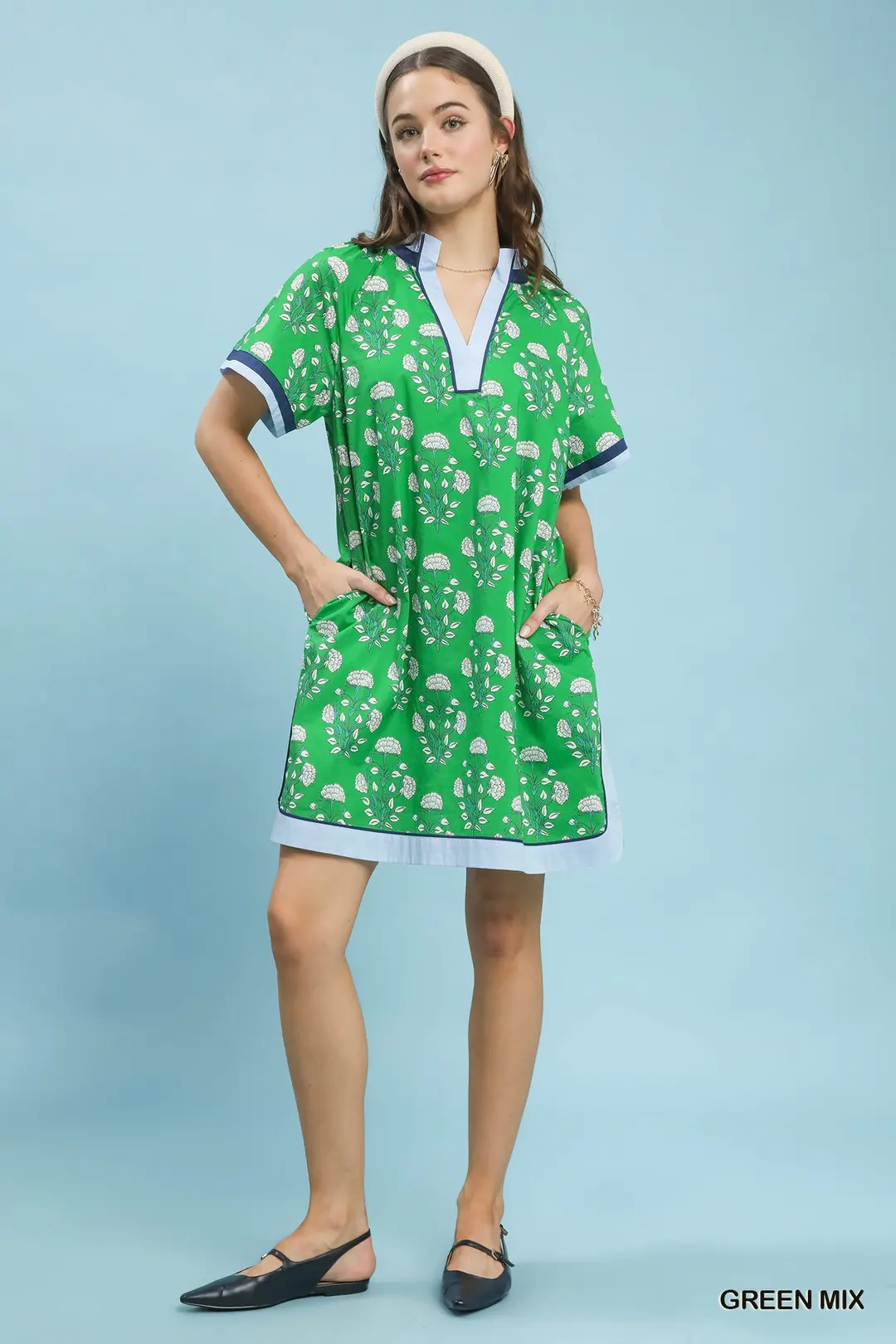 Printed Split Neck Short Sleeve Shift Dress