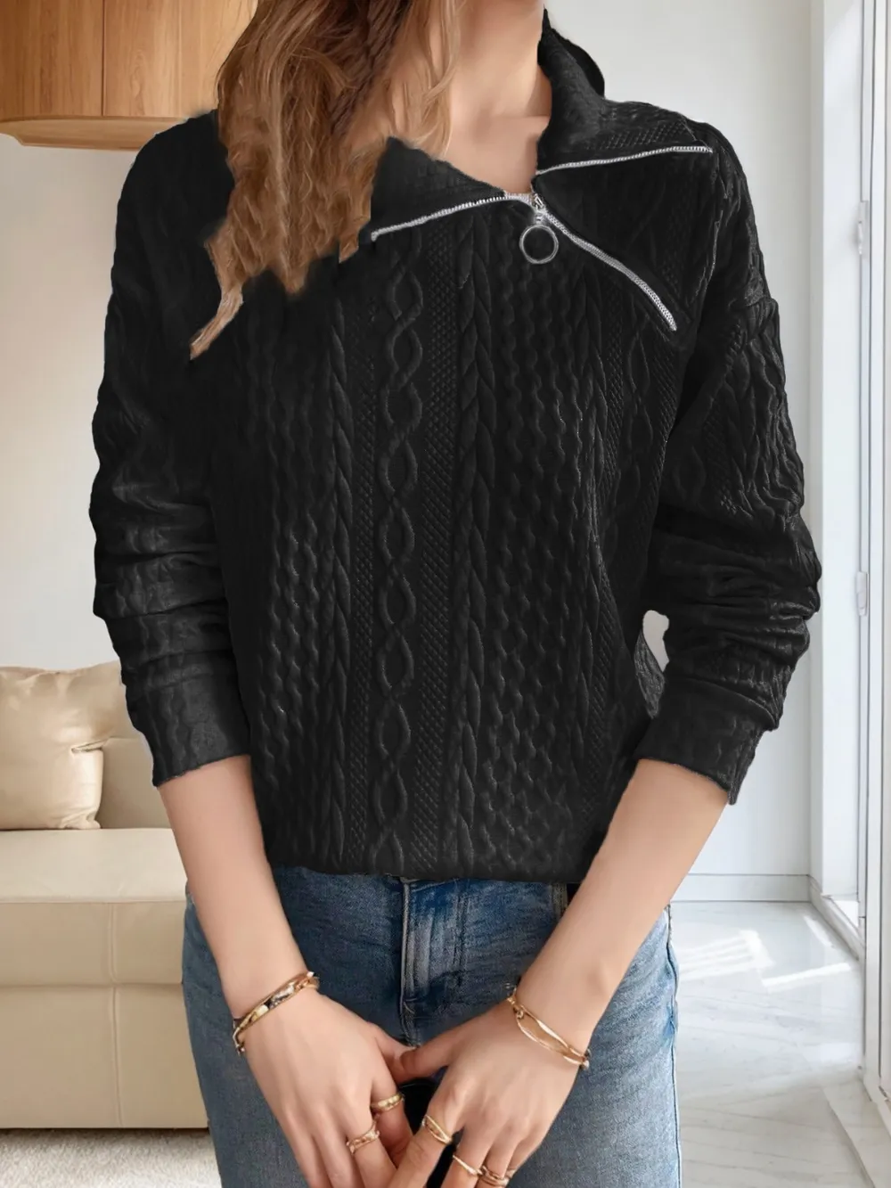 Oblique Zipper Collared Neck Long Sleeve Sweatshirt, image 6