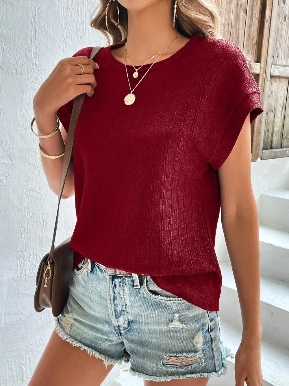 Textured Round Neck Short Sleeve Top, image 15
