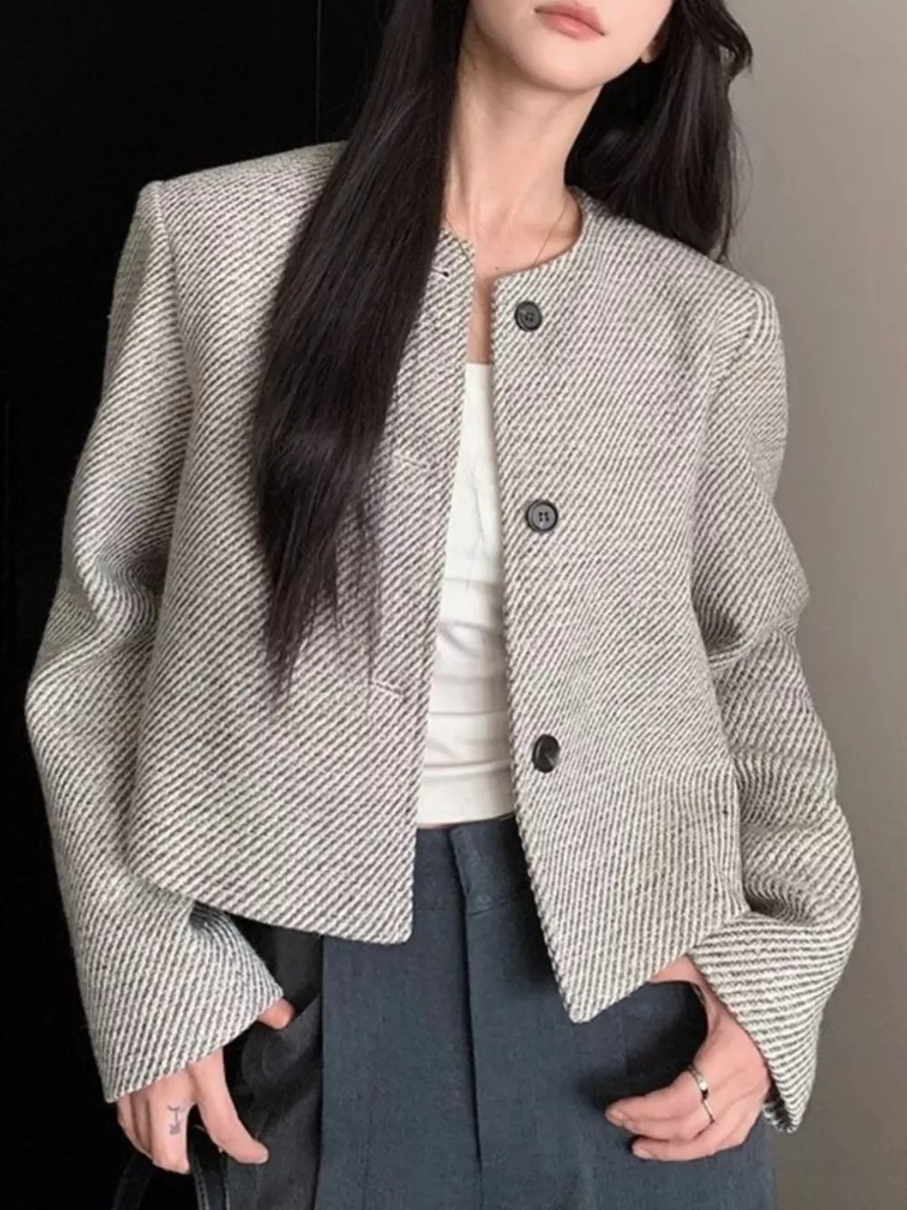 Button Up Tweed Cropped Jacket, image 4