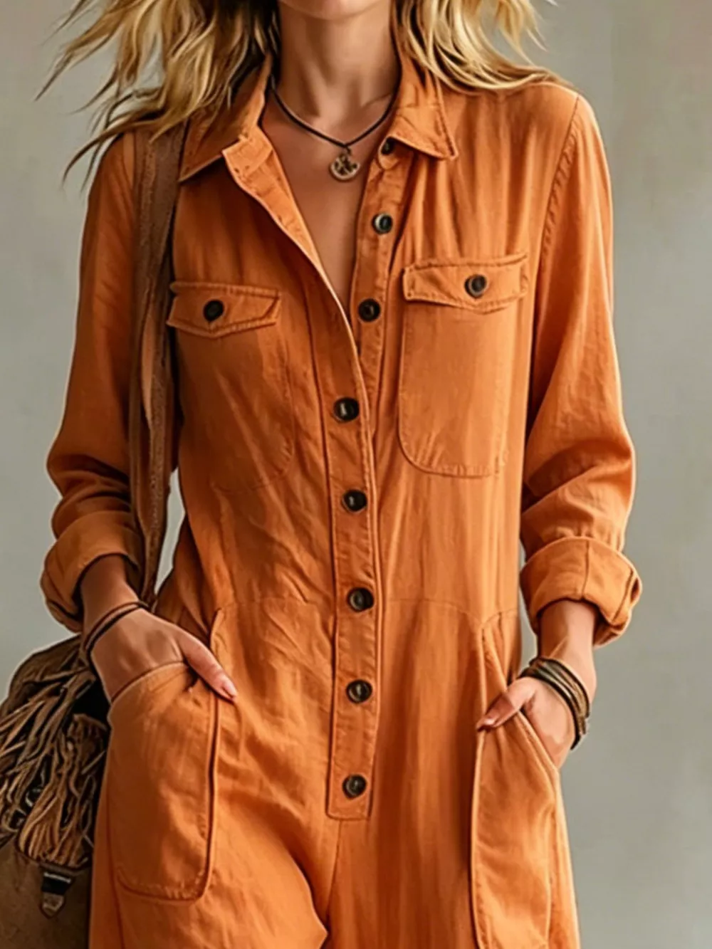 Full Size Long Sleeve Button Front Jumpsuit Plus Size, image 17