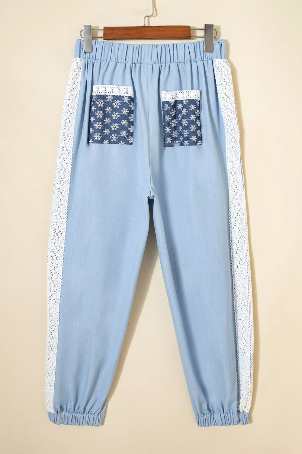 Lace Accent Floral Patched Pocket Pleated Wide Leg Slouchy Pants, image 4