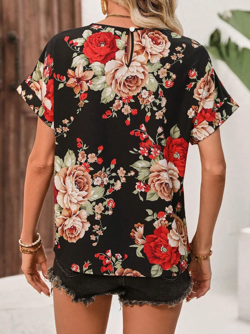Contrast Round Neck Short Sleeve Blouse, image 15