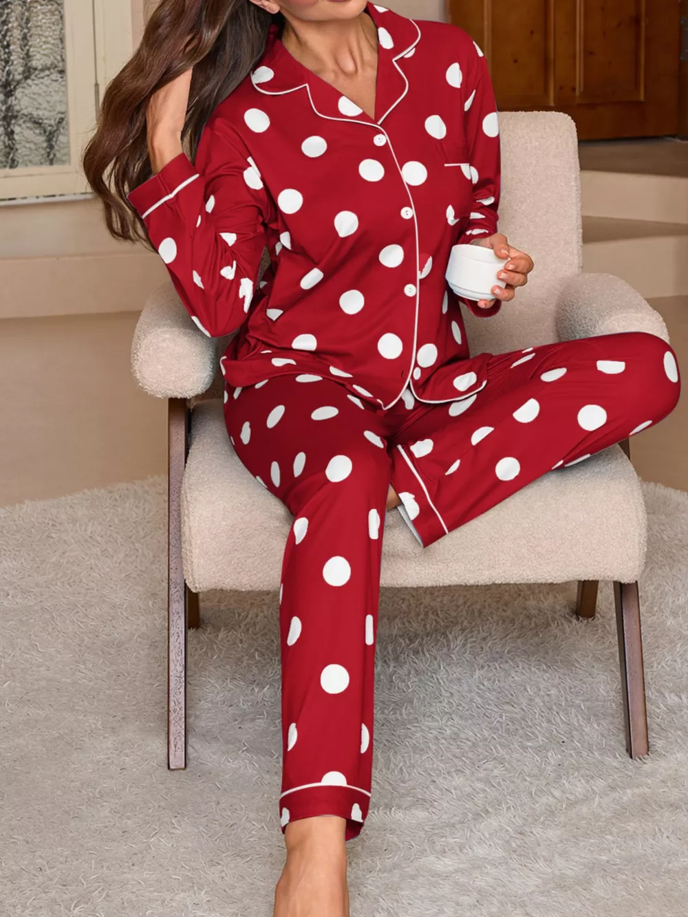 Polka Dot Button-Down Top and Pants Lounge Set, image 3