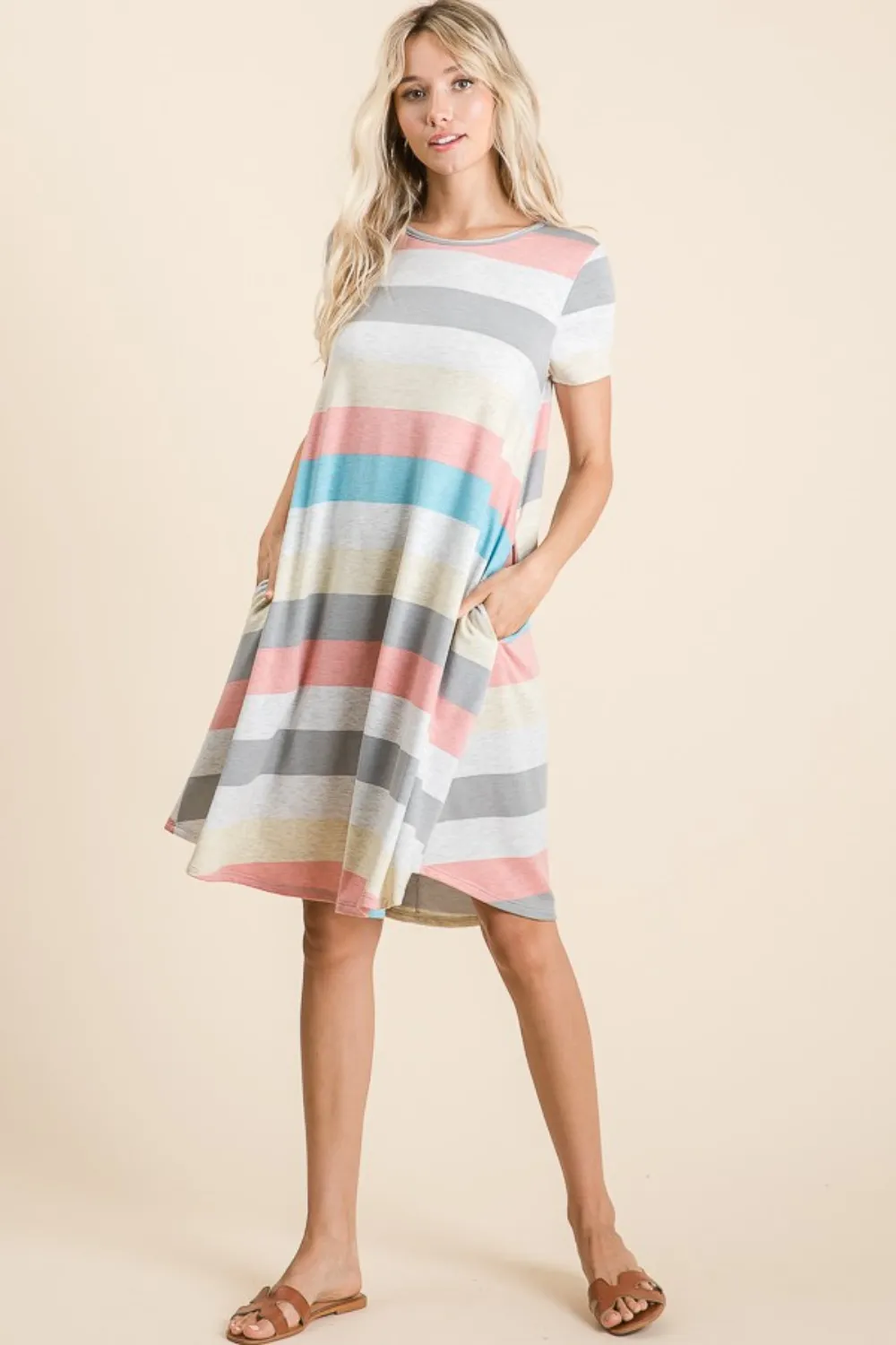 Striped Short Sleeve Dress with Pockets, image 3