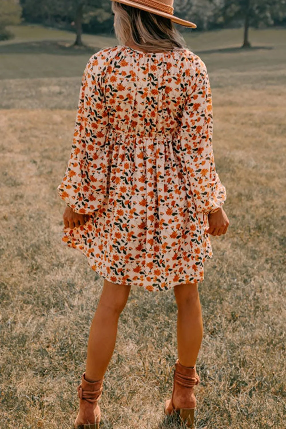 Smocked Printed V-Neck Long Sleeve Dress, image 7