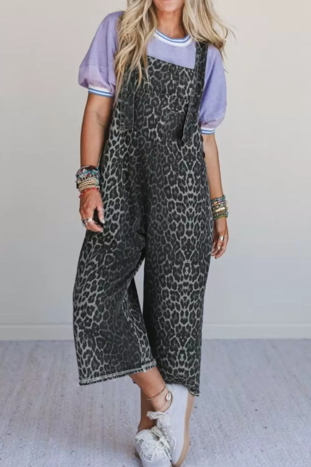 Leopard Print Button Adjustable Straps Cropped Loose Denim Overalls, image 6