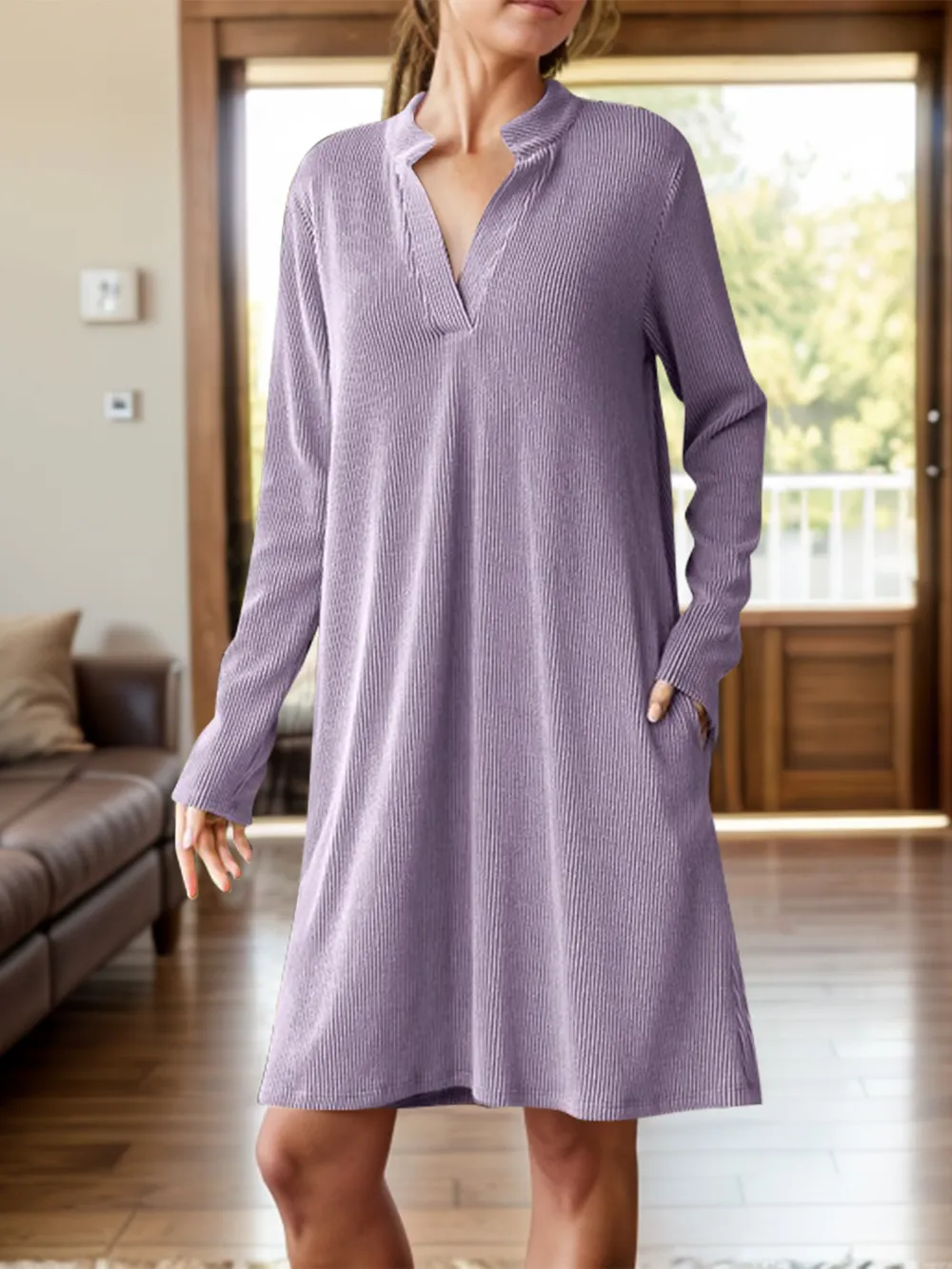 Notched Long Sleeve Mini Dress with Pockets, image 9