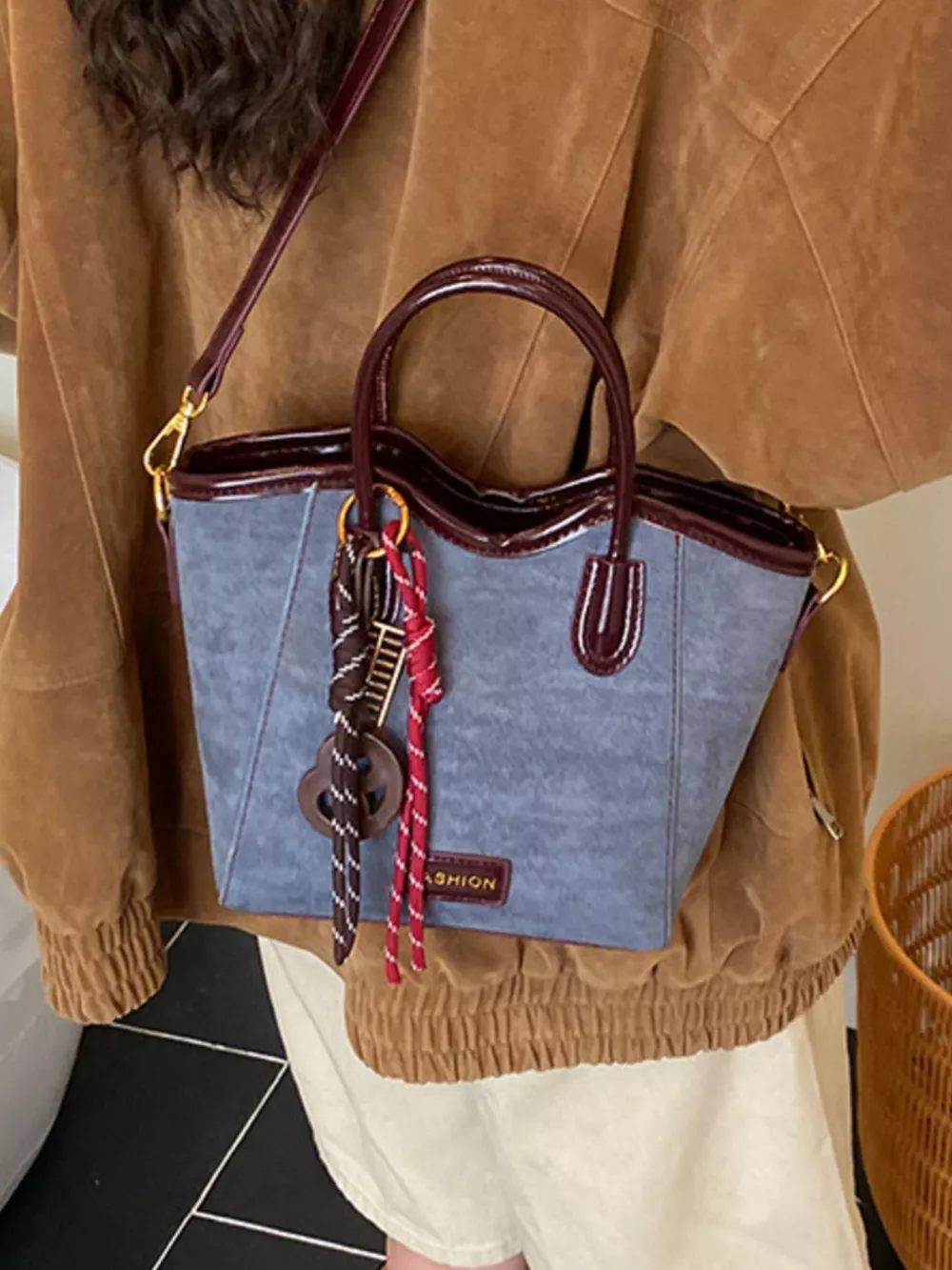 Suede Leather Strap Tote Bag, image 3
