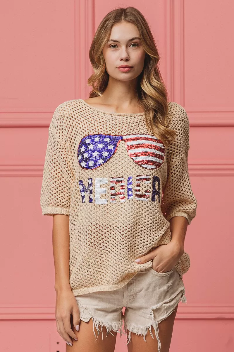Sequin American Flag Sunglasses Knit Cover Up, image 8