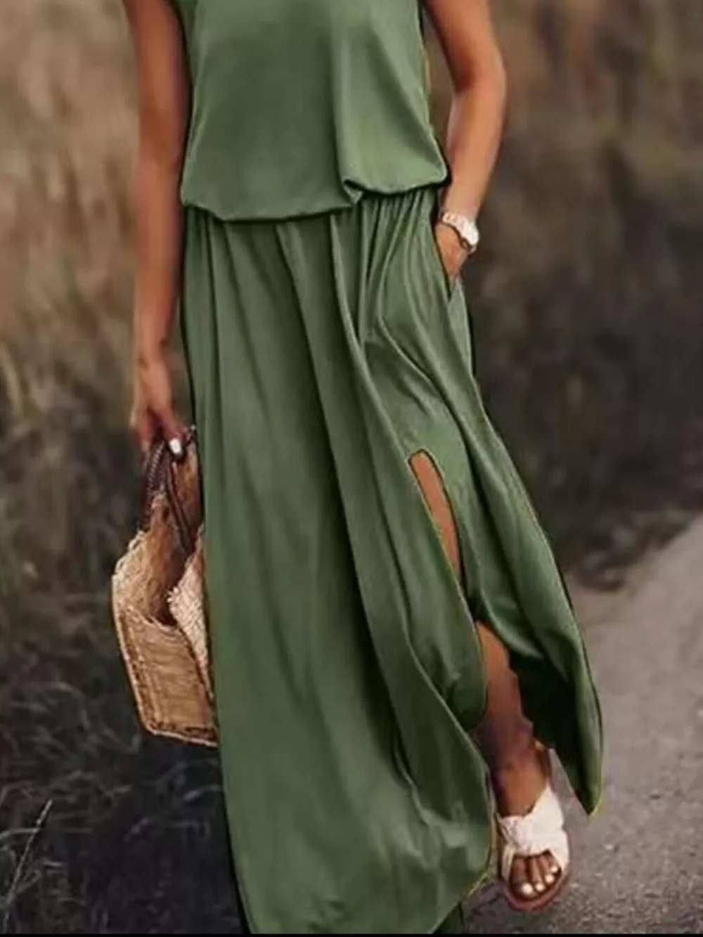 Full Size Round Neck Sleeveless Slit Maxi Dress Plus Size, image 16